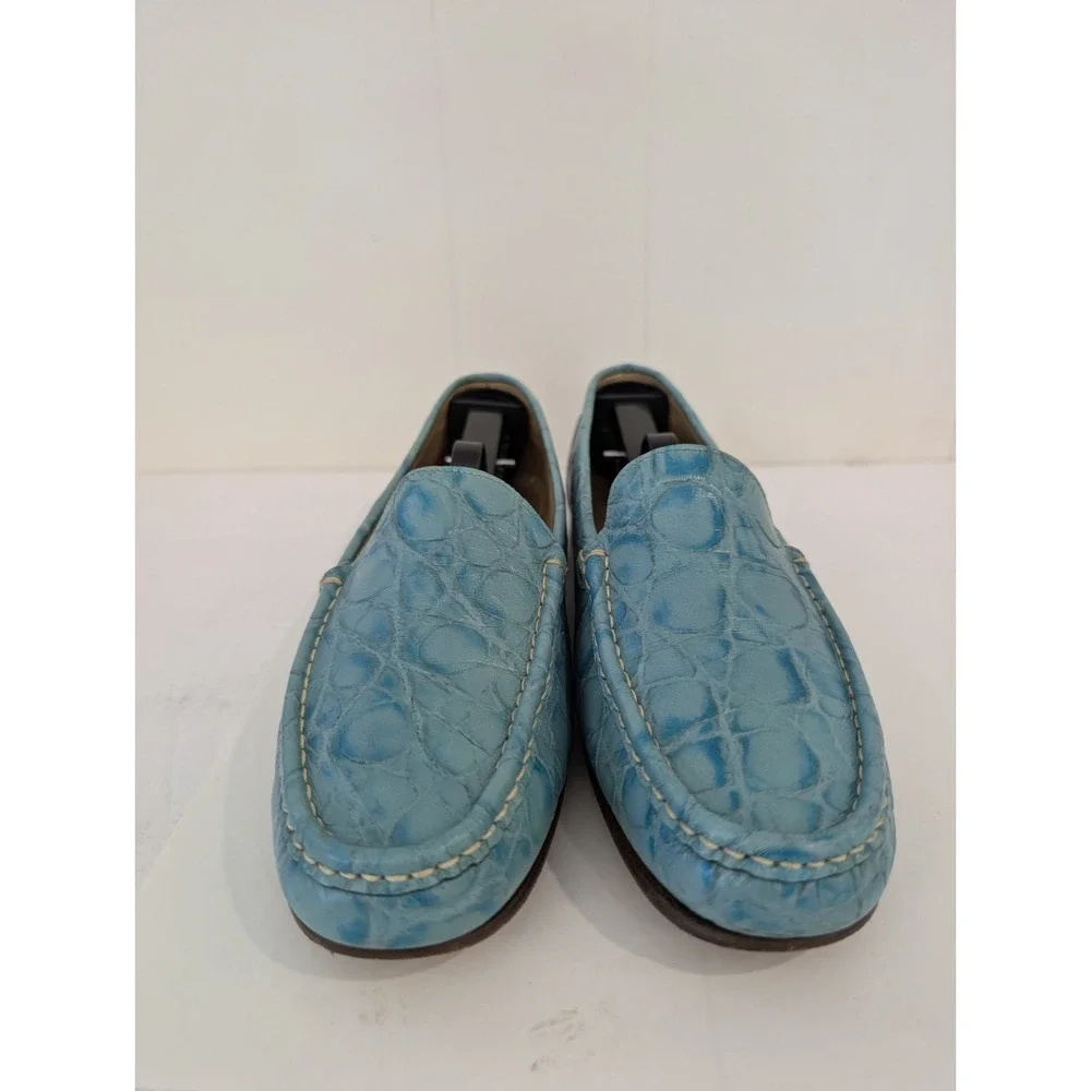 Positano Italy Light Blue Crocodile Embossed Leather Driving Loafers EU 40